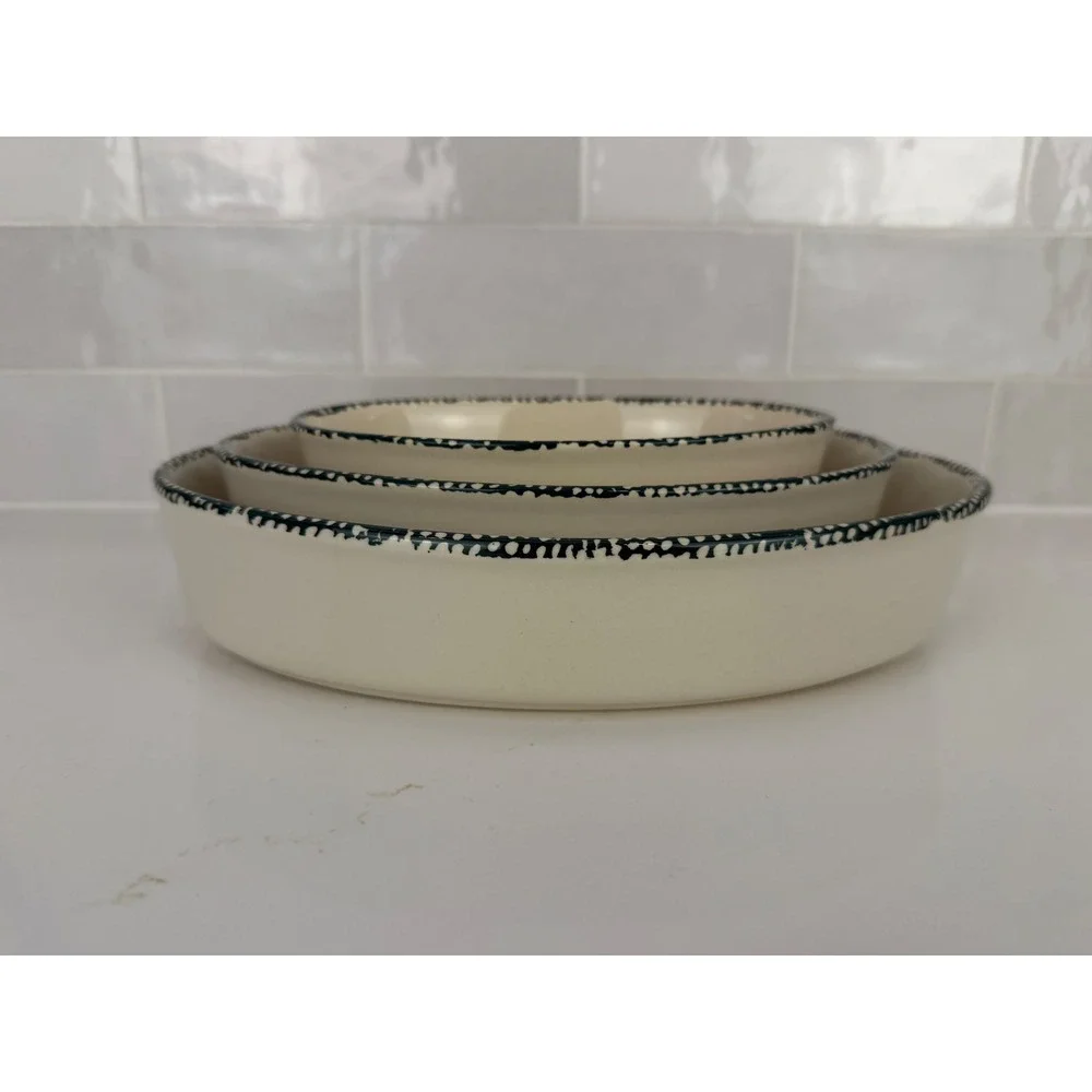 Nesting Bowls Oval Stoneware Heart Tulip Set of 3 Cream Green Country 90s